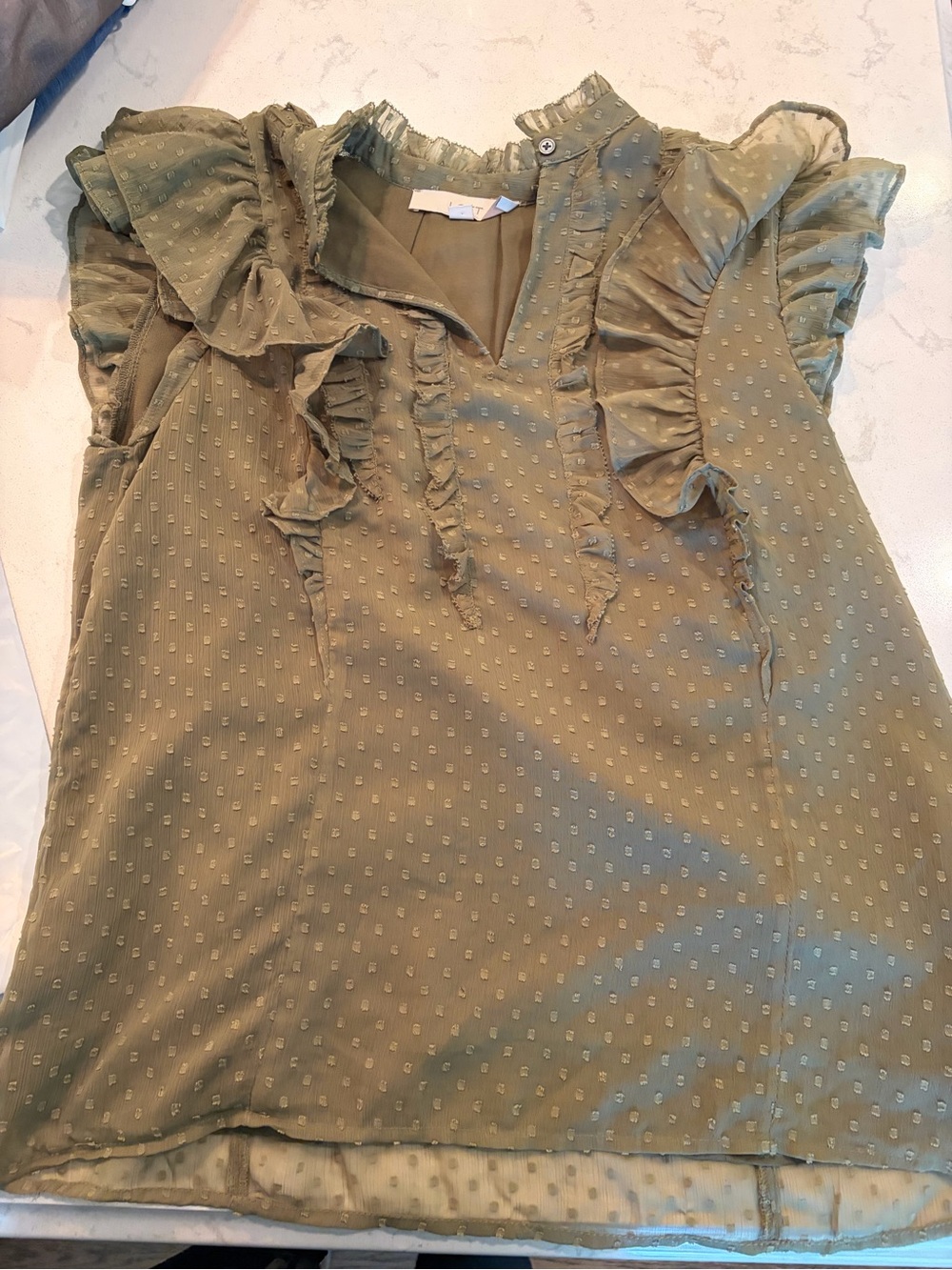 LOFT Sage Green Ruffle Swiss Dot Blouse
